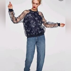 Zara Womens Navy Sheer Long Sleeve Floral Print Top Crew Neck Size S